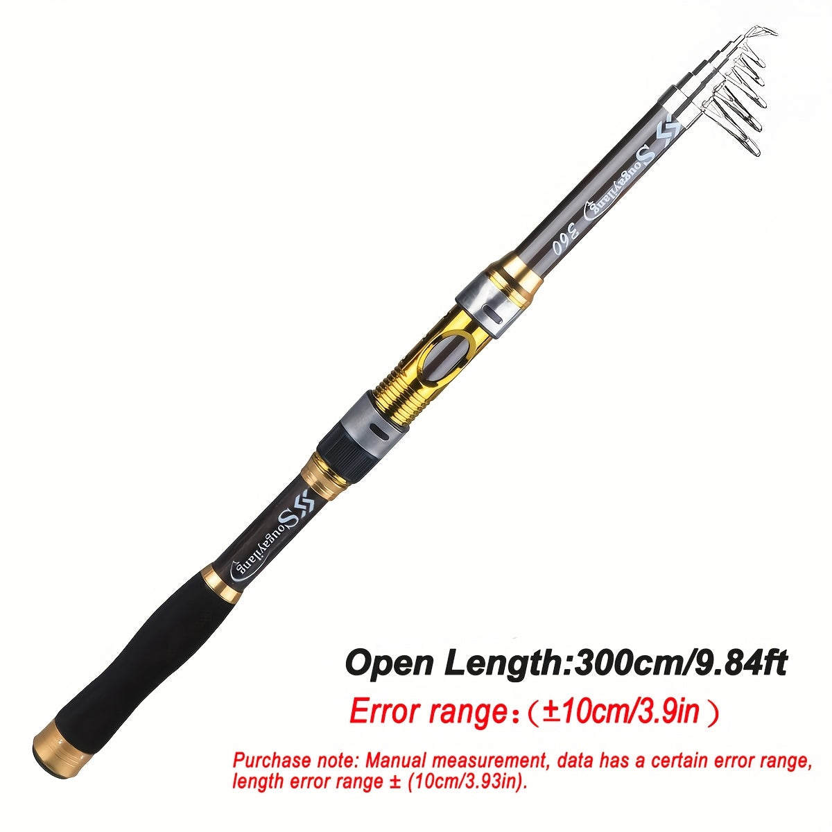 Sougayilang Ultralight Carbon Fiber Spinning Fishing Rod - Portable, Medium Action, 6.72-9.84ft Extendable Length, Black & Golden with Comfort Grip Handle - Ideal for All Anglers