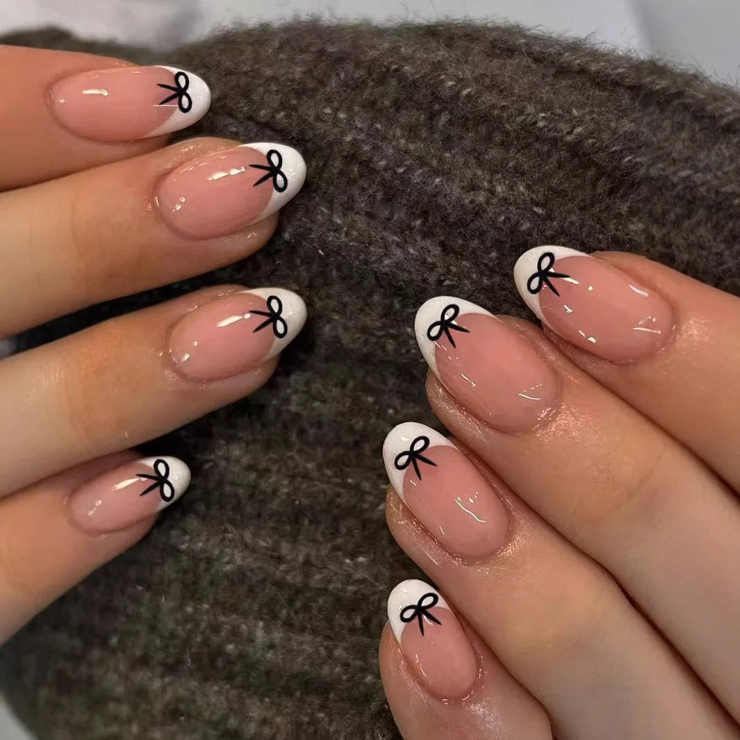 White French Press on Nails 3D Bowknot Fake Nails Tips Full Cover Wearable False Nails for Women and Girls DIY Manicure 24Pcs