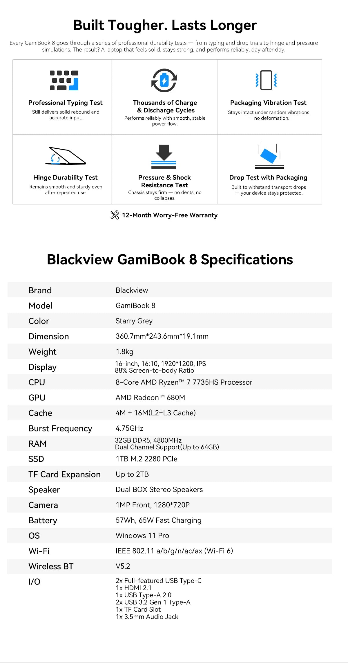 BLACKVIEW GamiBook 8 AMD R7 7735HS 16" 16GB DDR5 512GB SSD 5000MAH Laptop Windows 11 Pro 1920*1200 Backlit Keyboard 120Hz