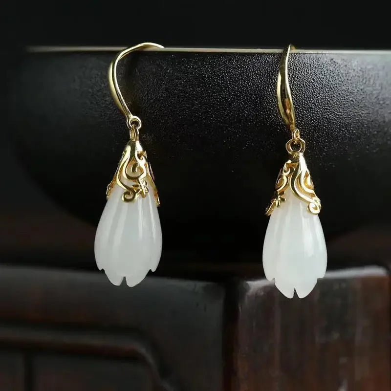 White Jade Magnolia Earrings Gemstone Zircon Natural Women Crystal Charm Chalcedony Gifts Amulet Lucky Jewelry Fashion