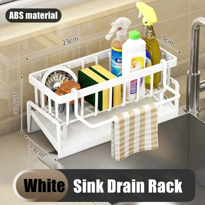 No-Punch ABS Kitchen Sink Shelf with Hooks Multifunctional Faucet Drainage Rack Adhesive Tap Organizer for Spice & Rag Storage 