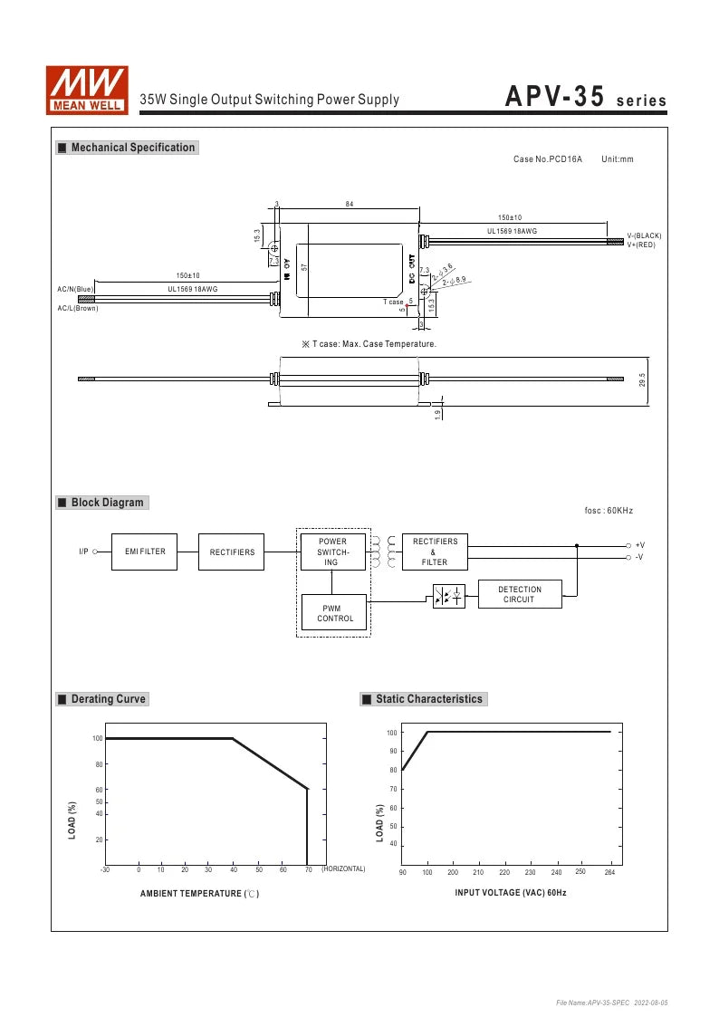 MEAN WELL APV-35 APV-35-5 APV-35-12 APV-35-15 APV-35-24 APV-35-36 Single Output Switching Power Supply APV-35 5V 12V 15V 24V 36V