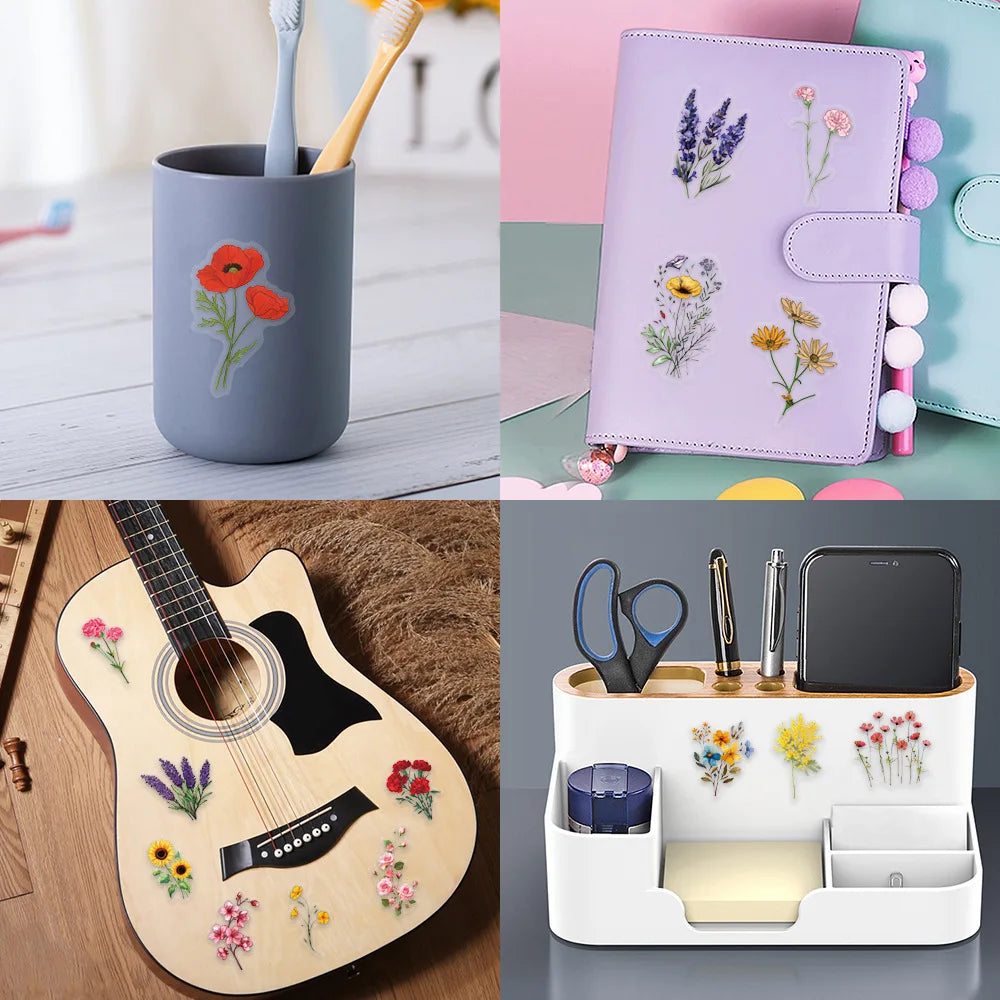 60PCS Transparent Flowers Stickers Graffiti Stickers DIY Diary Phone Case Handmade Scrapbook Aesthetic Stickers