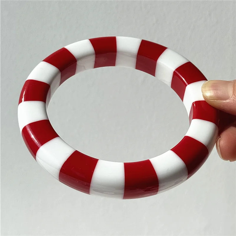 HangZhi Sweet Pink White Polka Dot Striped Geometric Round Resin Cuff Bracelet Y2K Bangle for Women Girls Minimalist Jewelry