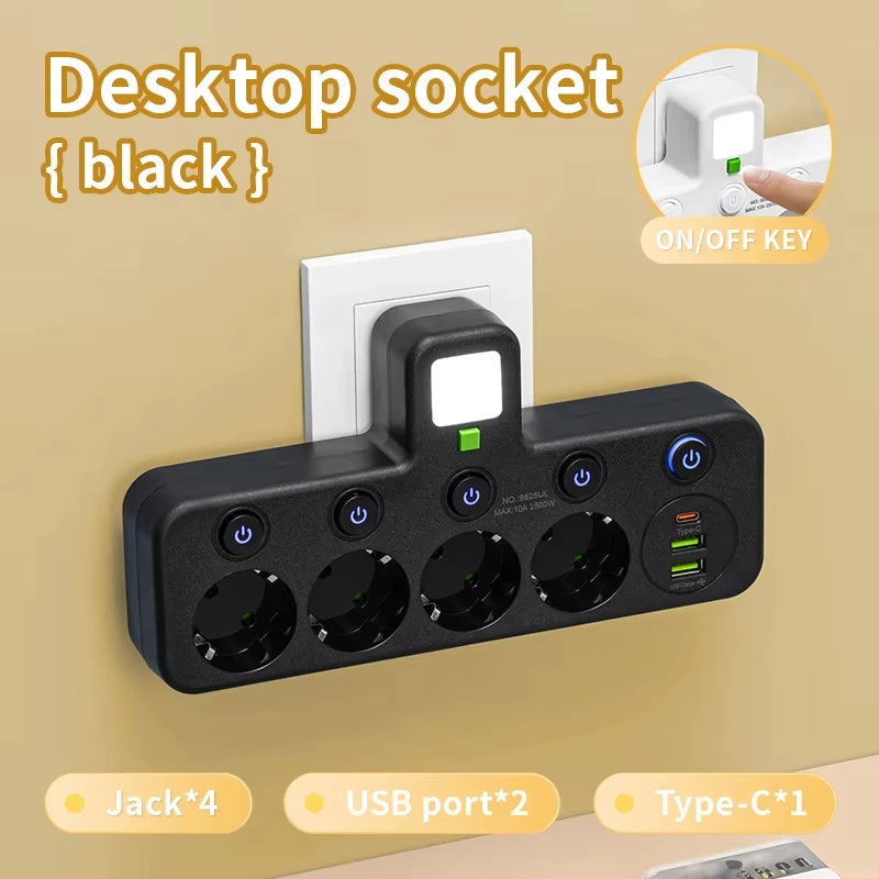 EU Plug Socket Adapter Wireless Wall Charger Power Strip with 4 AC Outlets +2 USB Ports+ 1 Type C 7-in-1 Plug Socket Adapter