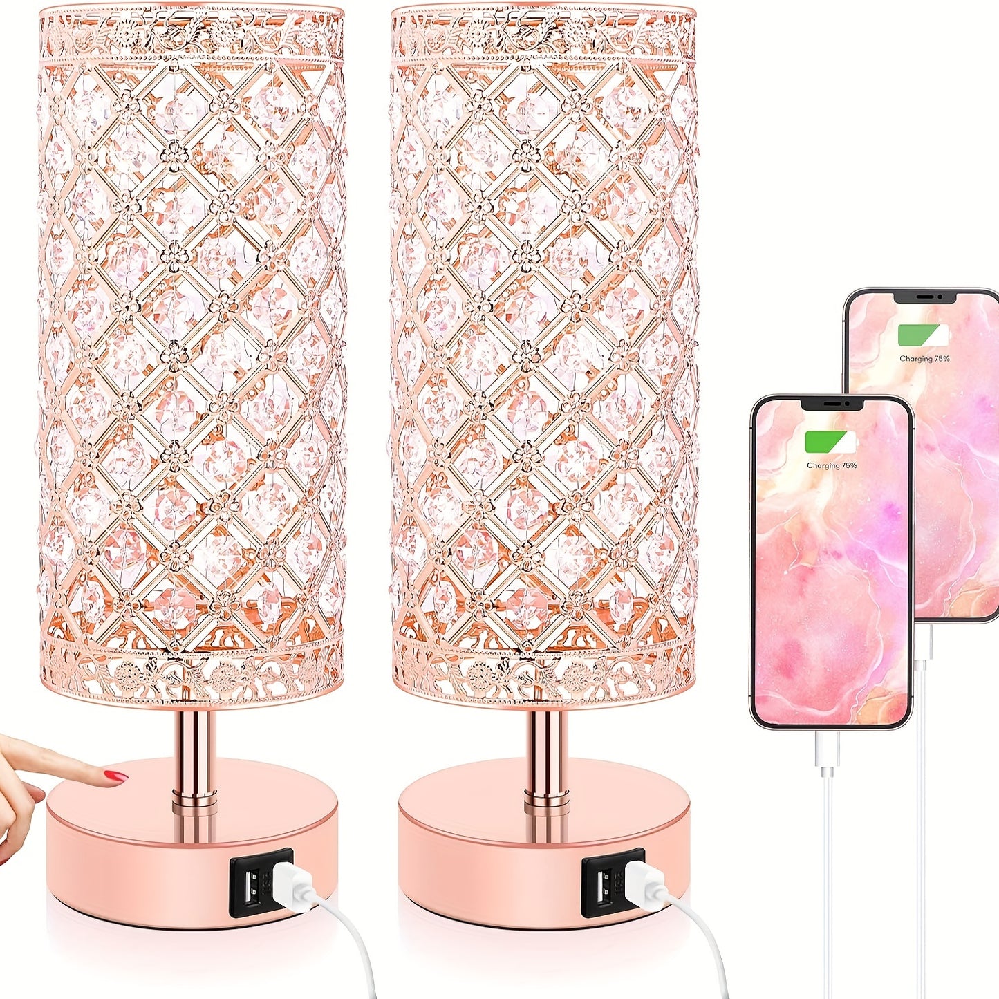 Touch Control Crystal Table Lamp Set of 2 Bedside Nightstand Lamps with 2 USB Charging Ports, 3-Way Dimmable, K9 Crystal Decorative Desk Lamp for Bedroom, Girls Guest Room, Living Room, Bulbs Included