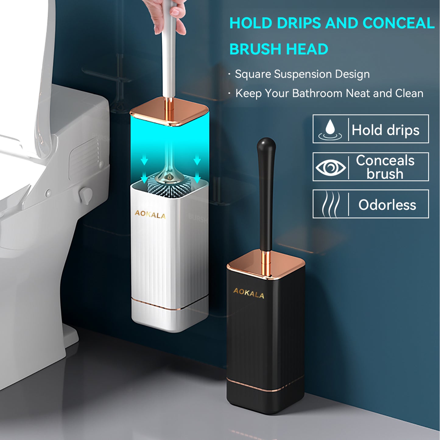 Aokala Toilet Brush and Holder, Elegant Silicone Toilet Bowl Brush Set with Ergonomic Long Handle, Modern Bathroom Decor Cleaning Accessories, Durable, Deep Cleaning Christmas gifts/Halloween gifts! - Black & White