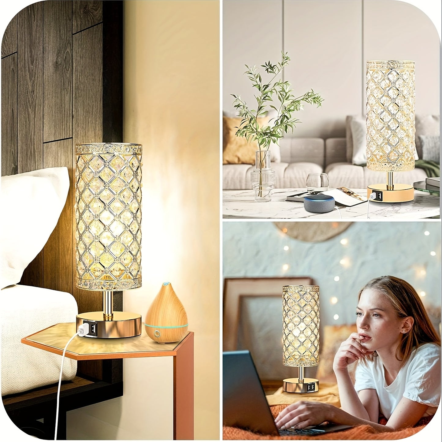 Touch Control Crystal Table Lamp Set of 2 Bedside Nightstand Lamps with 2 USB Charging Ports, 3-Way Dimmable, K9 Crystal Decorative Desk Lamp for Bedroom, Girls Guest Room, Living Room, Bulbs Included