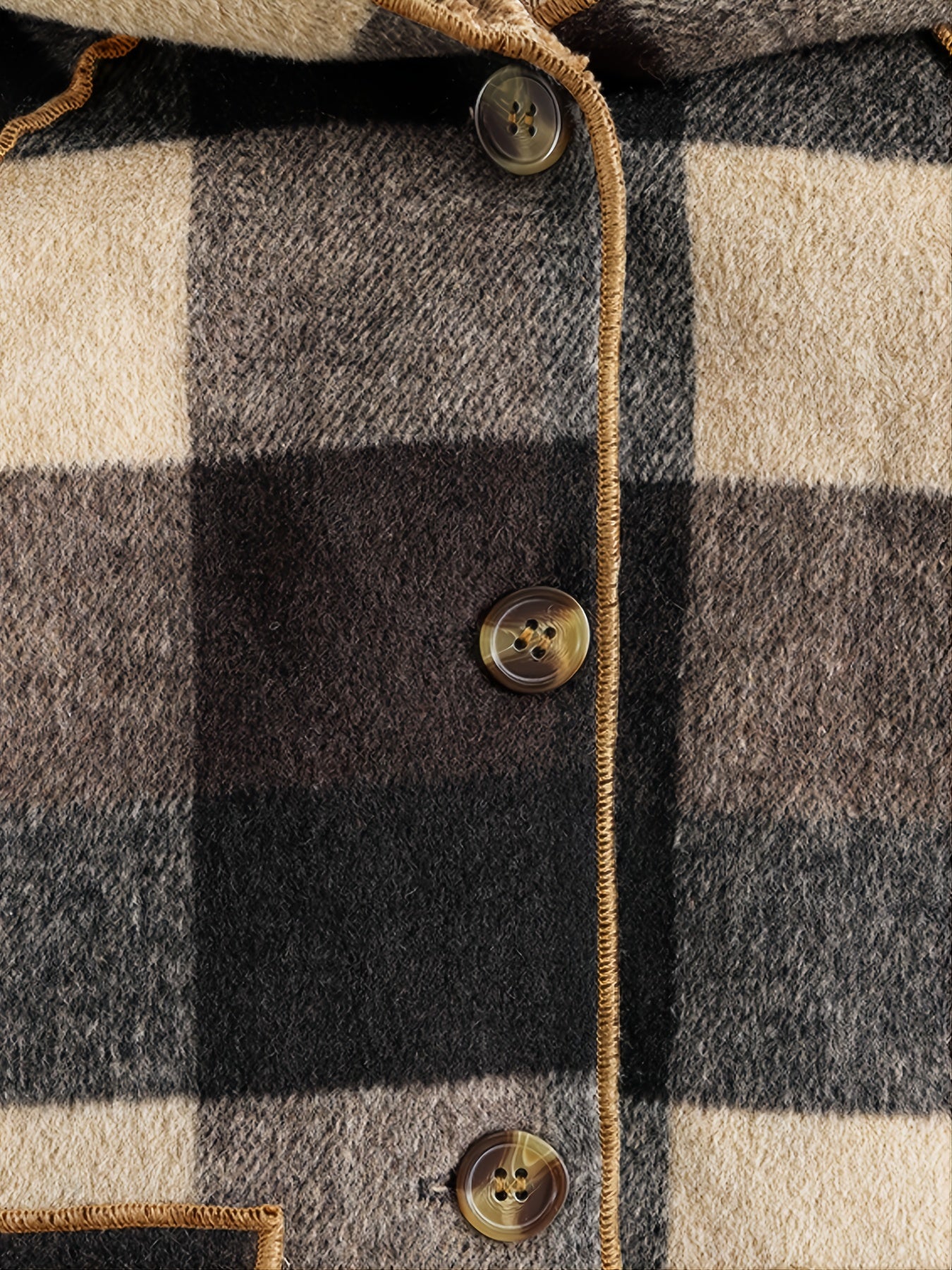 Boys' Cozy Fleece-Lined Plaid Jacket with Button Front, Pockets & Hood - Long Sleeve Casual Winter Coat for Fall/Winter, Brown & Black Checkered Pattern, Cozy Outerwear, Durable Outerwear