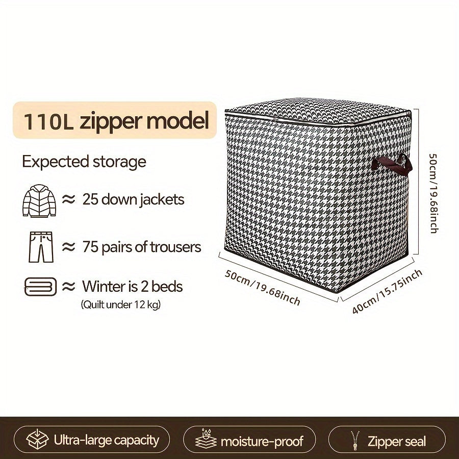 Large Capacity Houndstooth Print Storage Box with Zipper Closure - Dustproof, Foldable Organizer for Clothes, Blankets, and Bedding - Ideal for Home, College, or Travel Essentials, Travel Essentials Organizer|Houndstooth Patt