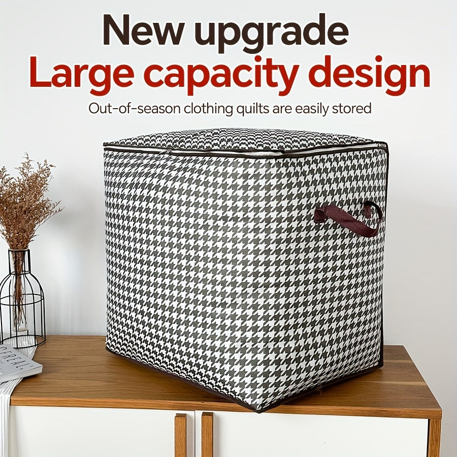 Large Capacity Houndstooth Print Storage Box with Zipper Closure - Dustproof, Foldable Organizer for Clothes, Blankets, and Bedding - Ideal for Home, College, or Travel Essentials, Travel Essentials Organizer|Houndstooth Patt
