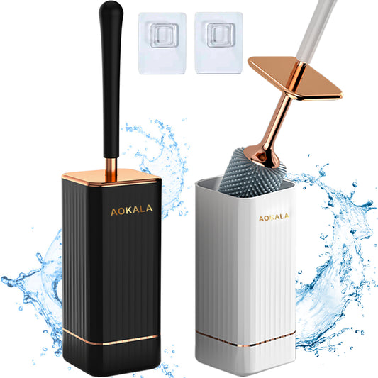 Aokala Toilet Brush and Holder, Elegant Silicone Toilet Bowl Brush Set with Ergonomic Long Handle, Modern Bathroom Decor Cleaning Accessories, Durable, Deep Cleaning Christmas gifts/Halloween gifts! - Black & White