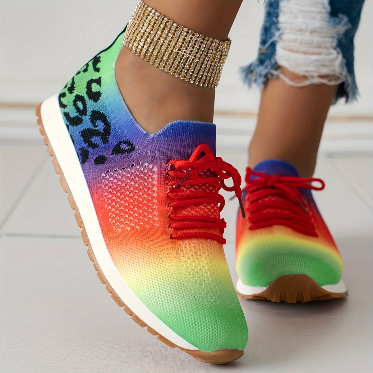 Women's Casual Sneakers, Flying Woven Leopard Pattern Breathable Lace-up Running Shoes, Women's Footwear plus size