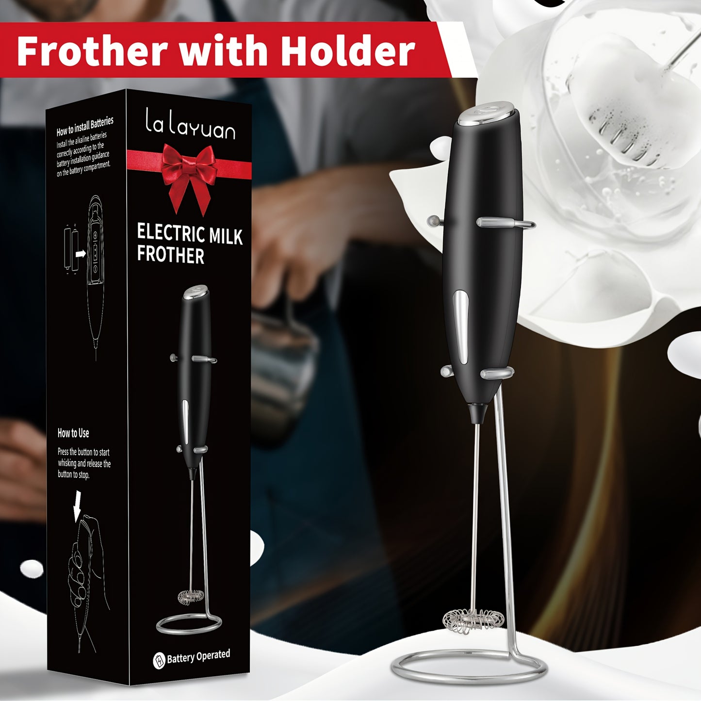 1pc, Electric Milk Frother, Compact Milk Foamer, Portable Electric Whisk, Battery-Operated (Batteries Not Included) Beverage Mixer, Handheld Mixer for Coffee, Cordless Electric Blender for Lattes, Cappuccino, Frappe, Chocolat