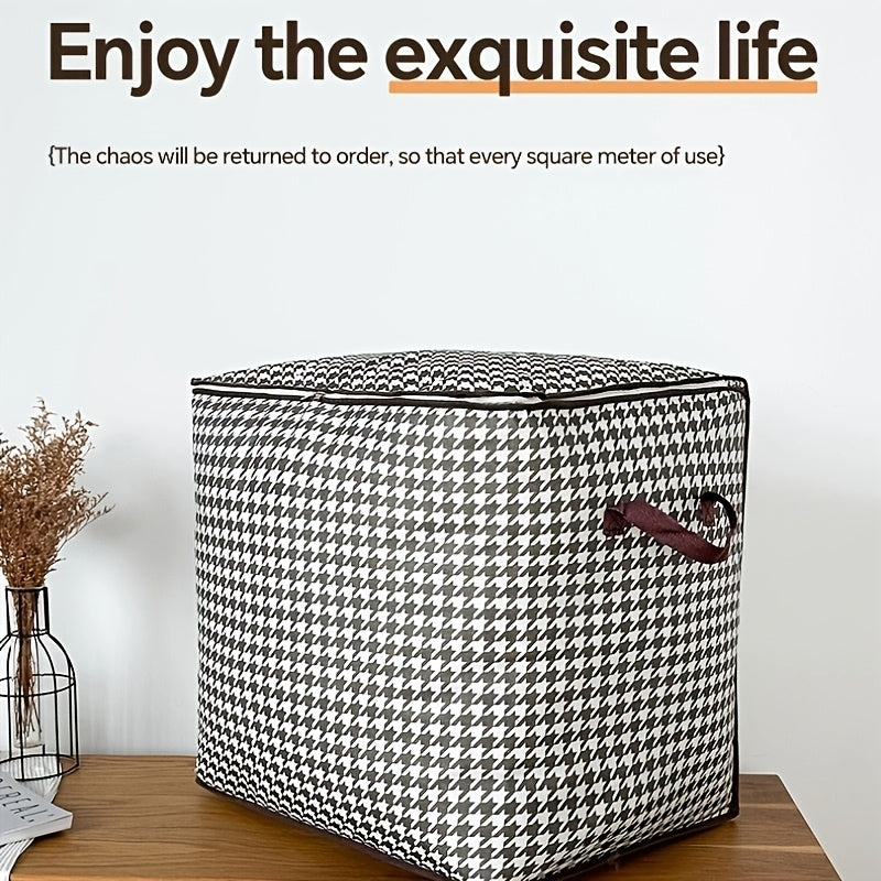 Large Capacity Houndstooth Print Storage Box with Zipper Closure - Dustproof, Foldable Organizer for Clothes, Blankets, and Bedding - Ideal for Home, College, or Travel Essentials, Travel Essentials Organizer|Houndstooth Patt