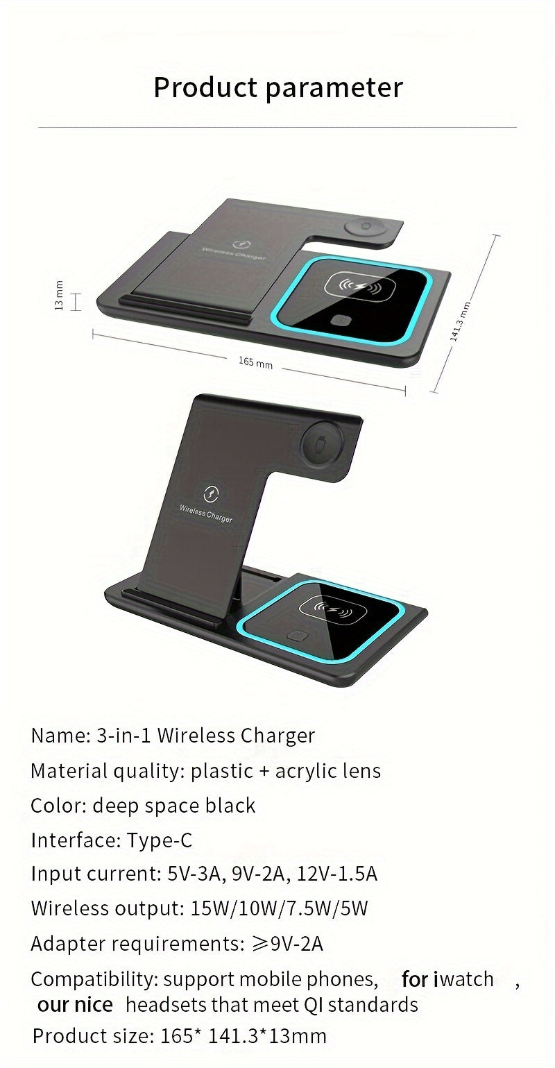 TIMESS-Wireless Charging Station 3-in-1 Standard 15W Fast Mag-Safe Charger Stand with QC3.0 Adapter, Suitable for iPhone 15 14 13 12 11 X 8 Pro Max/Pro/Mini/Plus, for iWatch Ultra 9/8 7/6/5/4/3/2, for Airpods 3/2