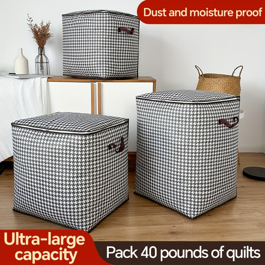 Large Capacity Houndstooth Print Storage Box with Zipper Closure - Dustproof, Foldable Organizer for Clothes, Blankets, and Bedding - Ideal for Home, College, or Travel Essentials, Travel Essentials Organizer|Houndstooth Patt
