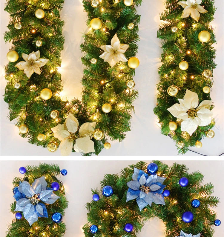 2.7m Luxury Christmas LED Cane Wreath Decoration With Lanterns Green Artificial Christmas Tree Banner Party New Year's door Wrea