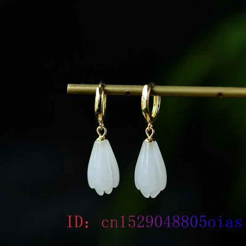White Jade Magnolia Earrings Gemstone Zircon Natural Women Crystal Charm Chalcedony Gifts Amulet Lucky Jewelry Fashion