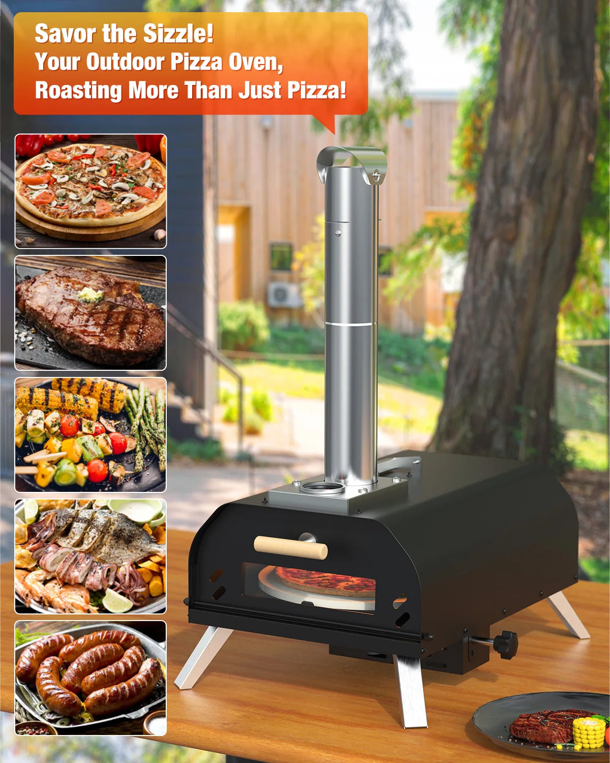 USA Stock Multi-Fuel Outdoor Manual Rotating Wood Fired Pizza Oven Portable Stainless Steel Chimney Wood Pellet Pizza Oven