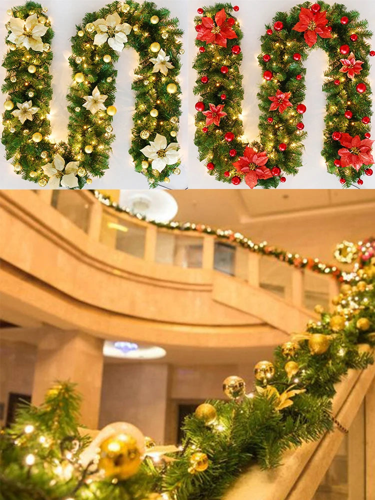 2.7m Luxury Christmas LED Cane Wreath Decoration With Lanterns Green Artificial Christmas Tree Banner Party New Year's door Wrea
