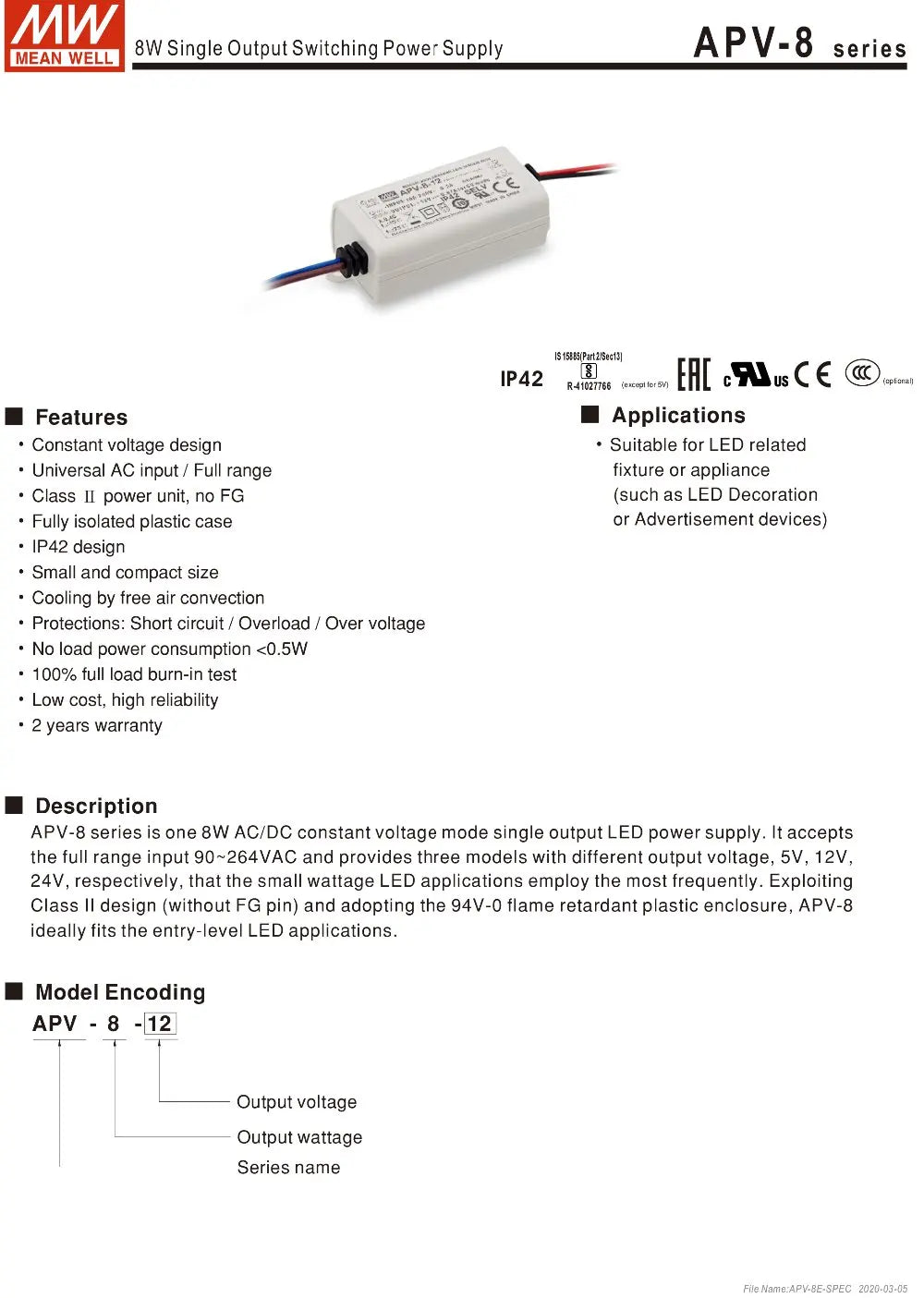 Original Mean Well APV-8-24 meanwell 24V/0.34A Constant Voltage design 8W Single Output LED Switching Power Supply