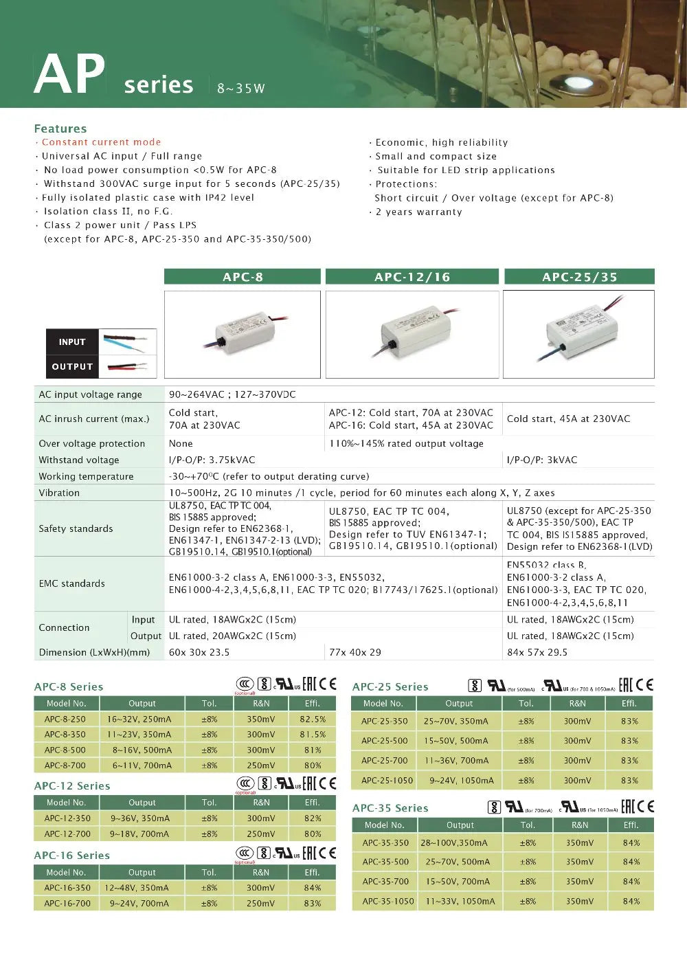 Mean Well APC-8/12/16/25/35-250/350/500/700/1050mA Meanwell Indoor LED lighting SMPS LED Constant Current Switching Power Supply