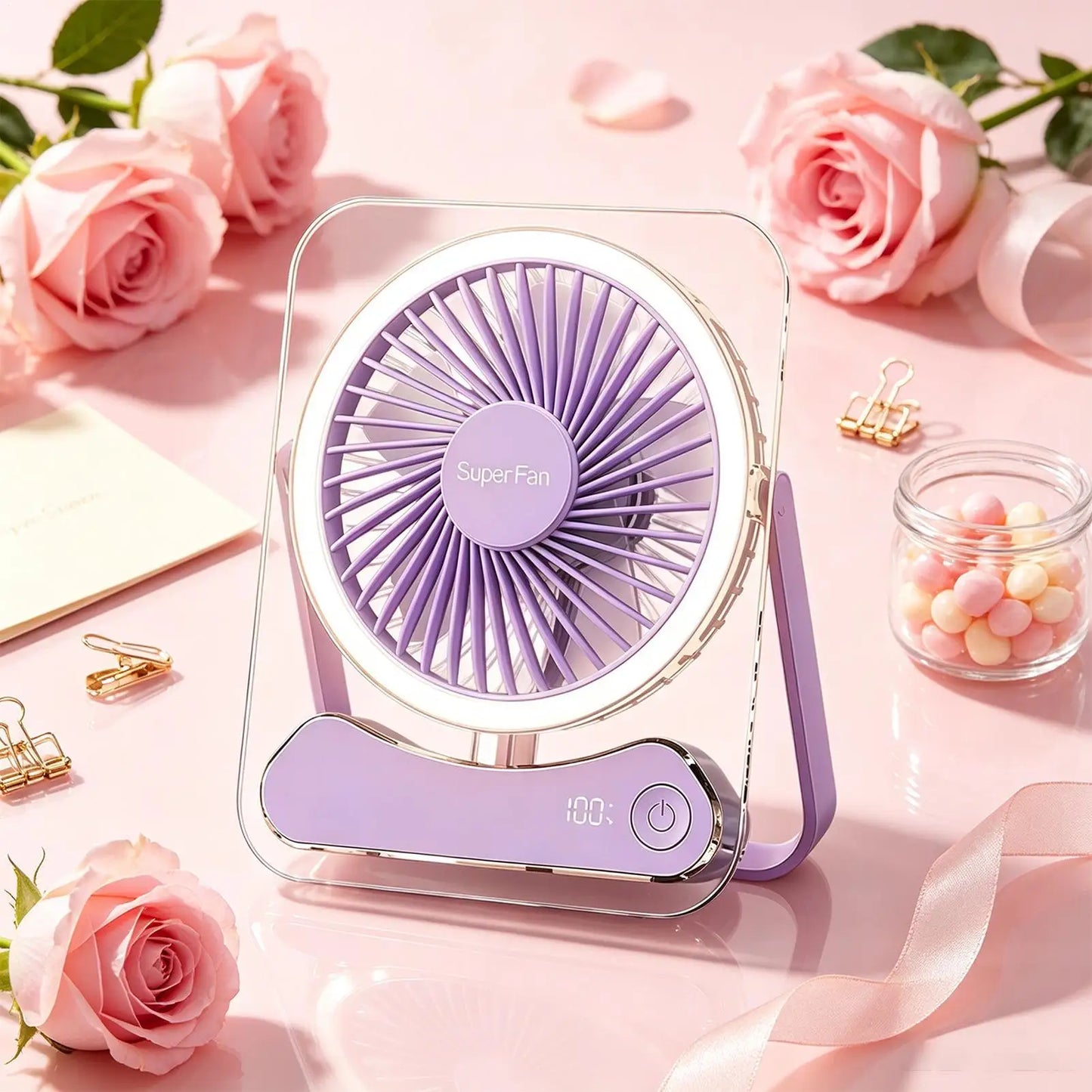 Travel Fan For Sleeping Long Lasting 5 Speeds Foldable LED Lights Device Portable Fan USB Rechargeable For Home Office Bedroom