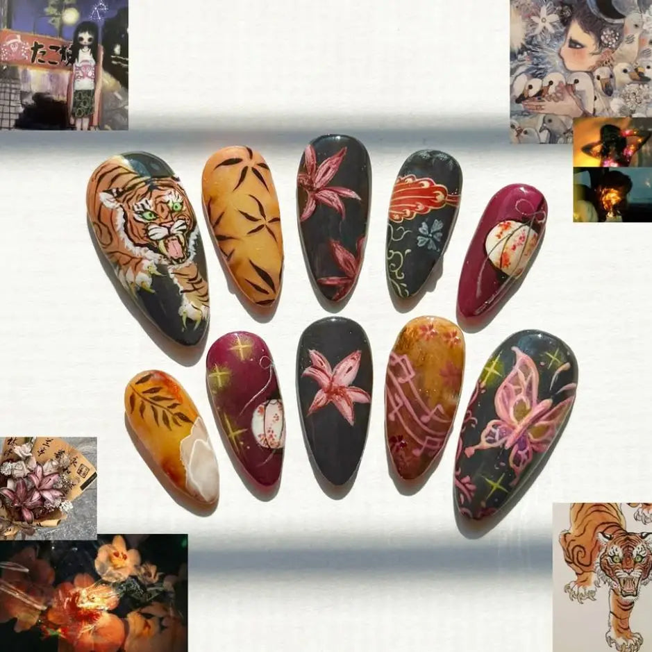 24PCS Medium Almond Press On Nails Wine Red Cute Cartoon Rabbit Bowknot Plaid Pearl False Nails Kawaii Nails Full Cover Wearable