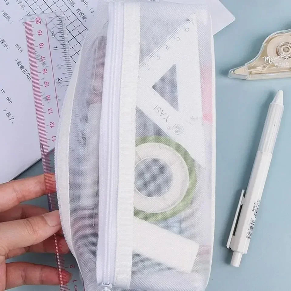 Double Layer Mesh Pen Bag Large Capacity Transparent Stationery Storage Bag Multifunctional Zipper Exam Supplies Organizer