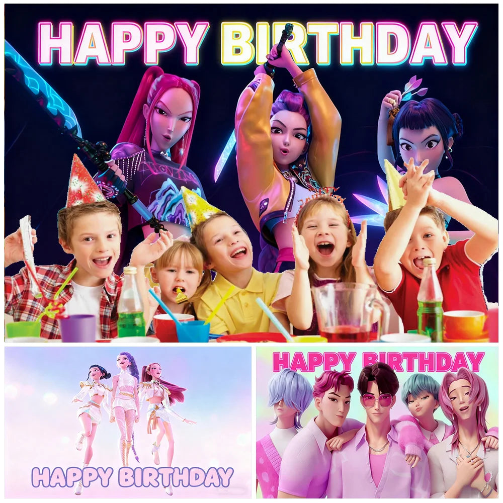 Hot KPop Girl Demon Hunters Backdrop Popular Anime Adult Children's Birthday Party Decorations Baby Shower Supplies Photo Props