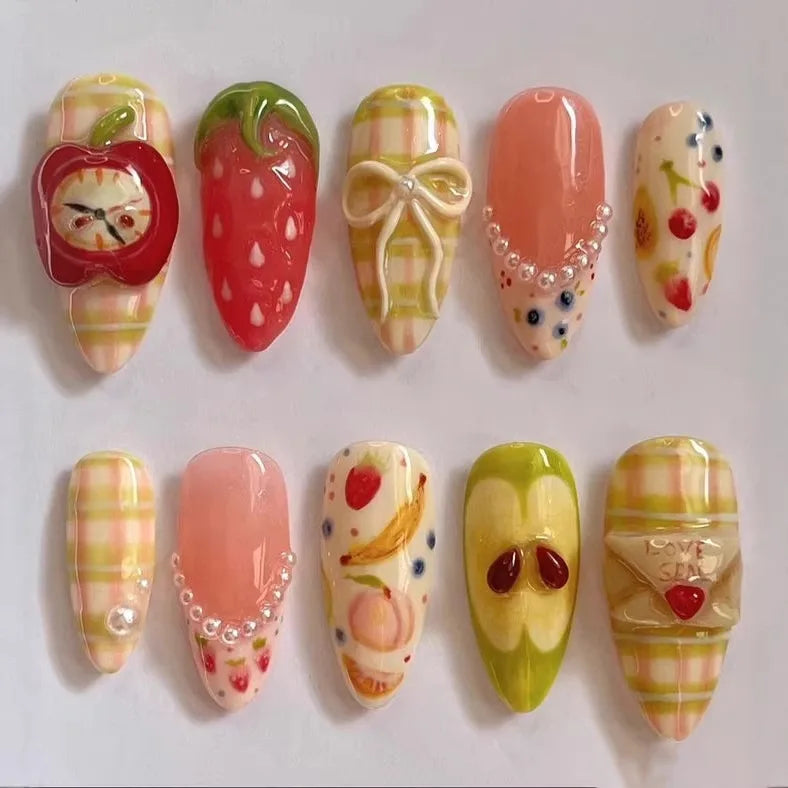 24PCS Medium Almond Press On Nails Wine Red Cute Cartoon Rabbit Bowknot Plaid Pearl False Nails Kawaii Nails Full Cover Wearable