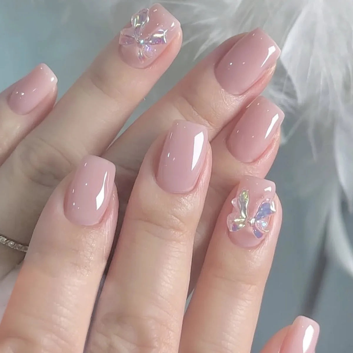 White French Press on Nails 3D Bowknot Fake Nails Tips Full Cover Wearable False Nails for Women and Girls DIY Manicure 24Pcs