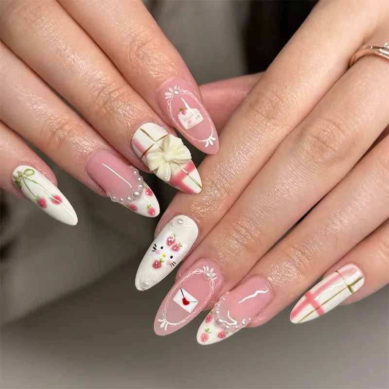 24PCS Medium Almond Press On Nails Wine Red Cute Cartoon Rabbit Bowknot Plaid Pearl False Nails Kawaii Nails Full Cover Wearable