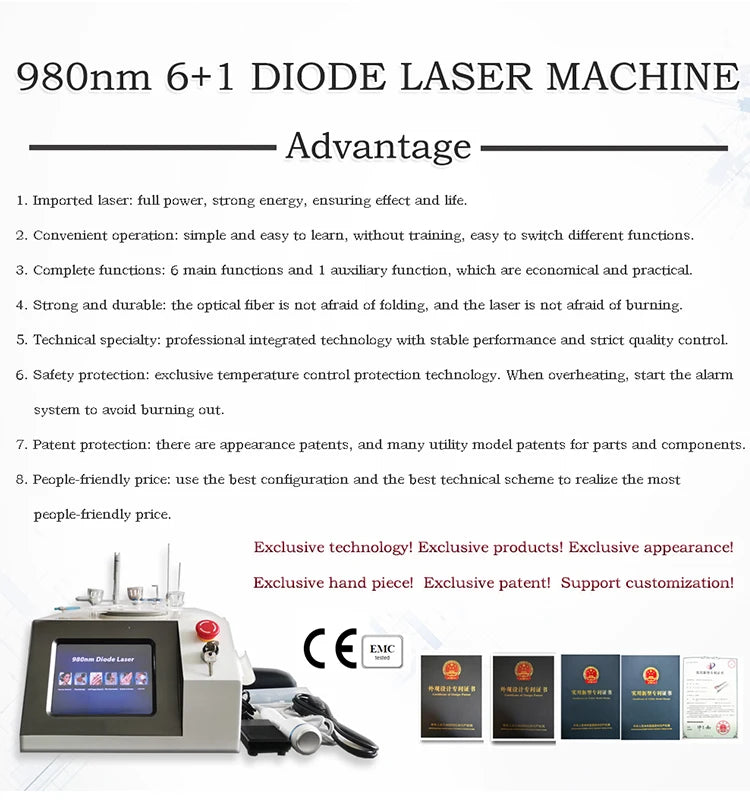 980Nm Laser Diode Vascular Spider Varicose Vein Removal Machine Treatment Fungi Physiotherapy