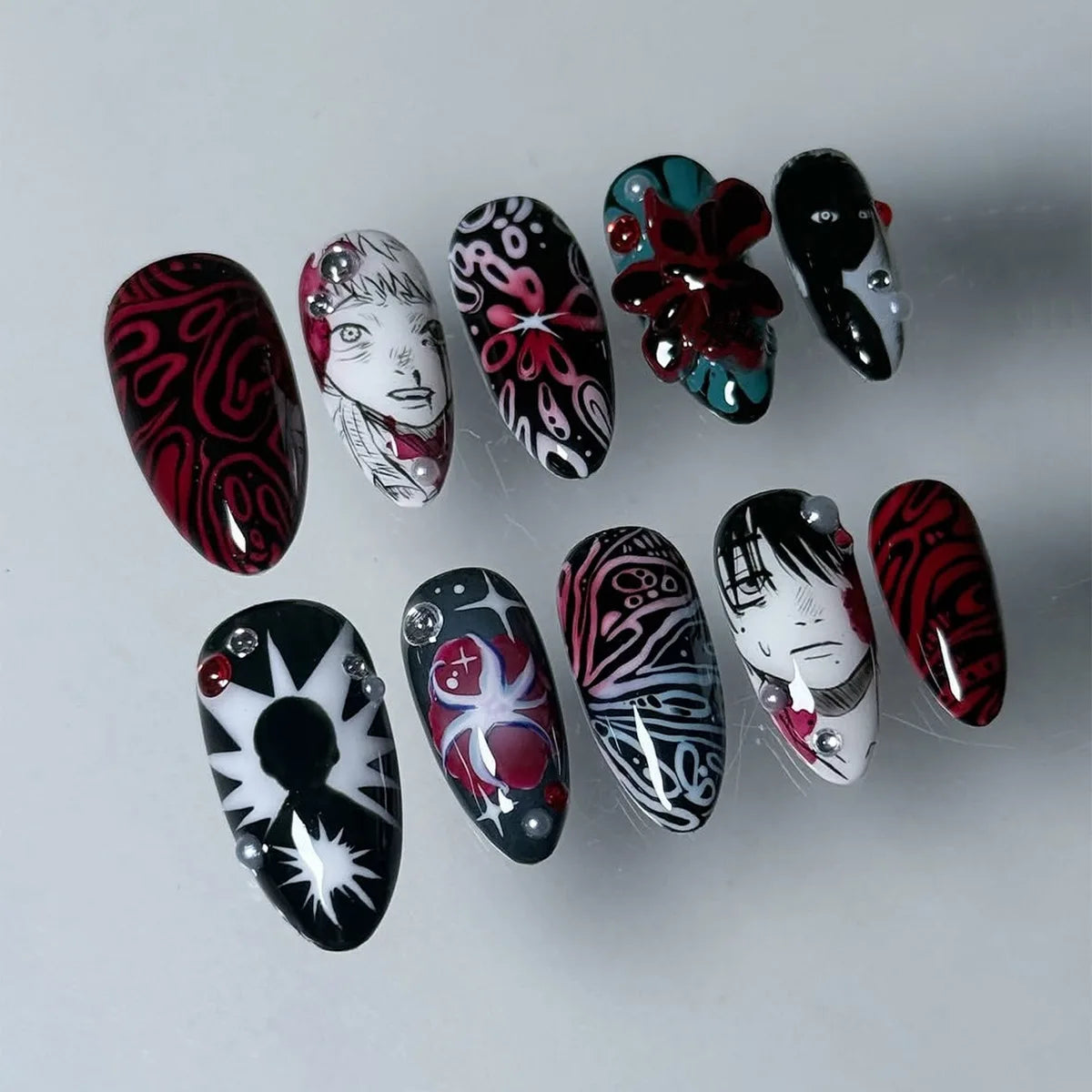 24PCS Medium Almond Press On Nails Wine Red Cute Cartoon Rabbit Bowknot Plaid Pearl False Nails Kawaii Nails Full Cover Wearable