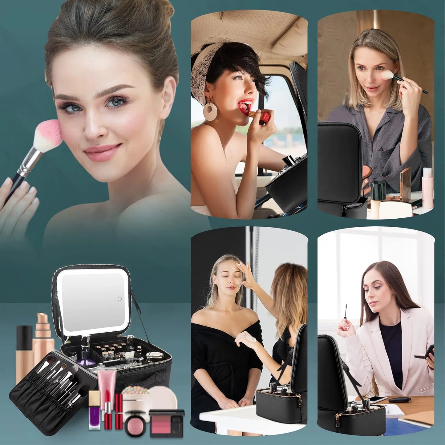 Makeup Organizer with Mirror Light 3 Adjustable Brightness Travel Train Case Cosmetic Bag Portable Storage Partition Waterproof