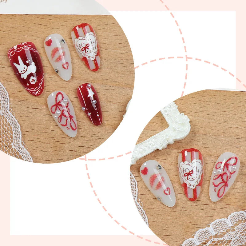 24PCS Medium Almond Press On Nails Wine Red Cute Cartoon Rabbit Bowknot Plaid Pearl False Nails Kawaii Nails Full Cover Wearable