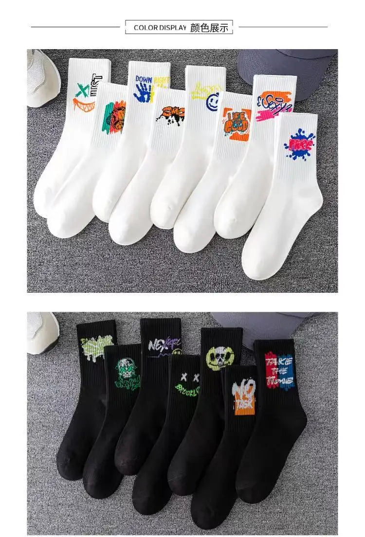 Couple long socks, sports cotton socks, ins student basketball socks, breathable and odor-resistant, black and white men's mid-c