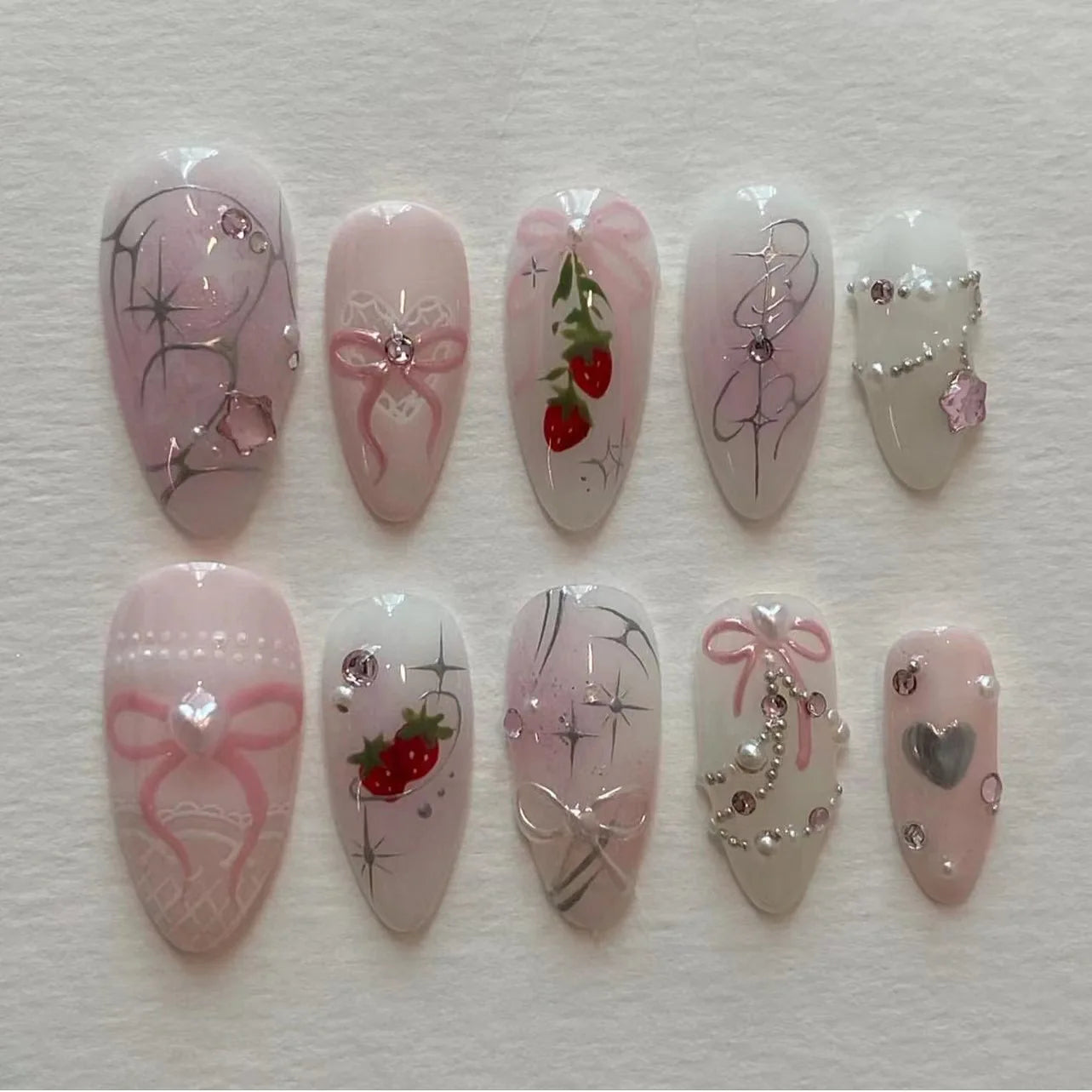 24PCS Medium Almond Press On Nails Wine Red Cute Cartoon Rabbit Bowknot Plaid Pearl False Nails Kawaii Nails Full Cover Wearable