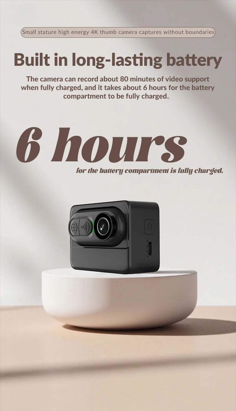 Compact Waterproof 4K Mini Body Camera 6-Axis Stabilized Thumb Cam for Outdoor Sports & Travel Recording
