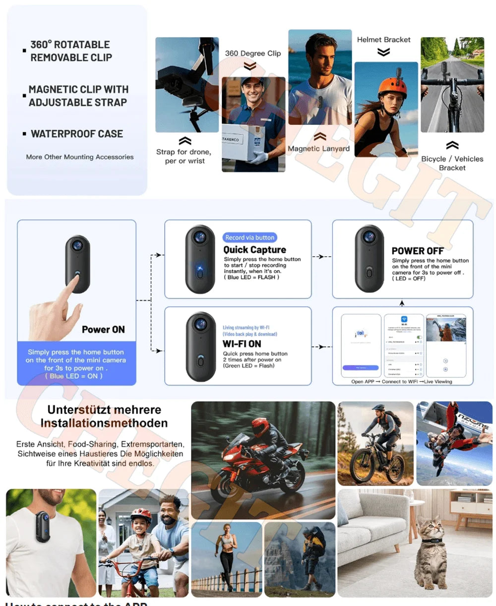 4K FHD POV Collar Cam Small Sports Camera Magnetic Necklace Pets Camcorder Mini Wireless WiFi H88 Bodycam Recording Vlog Selfie
