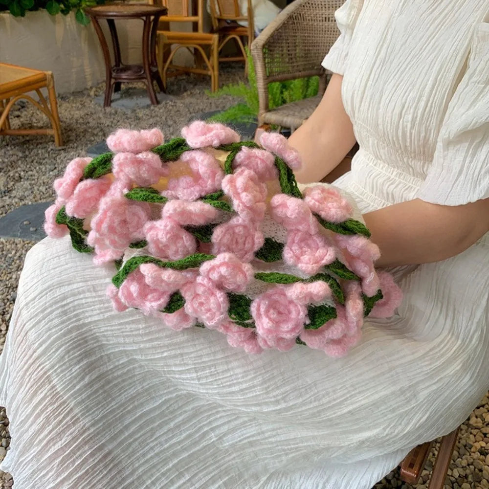 Creative Crochet Rose Bouquet Blanket Fashion Finished Rose Nap Blanket Soft Flower Hugging Blanket Valentine's Day Blanket