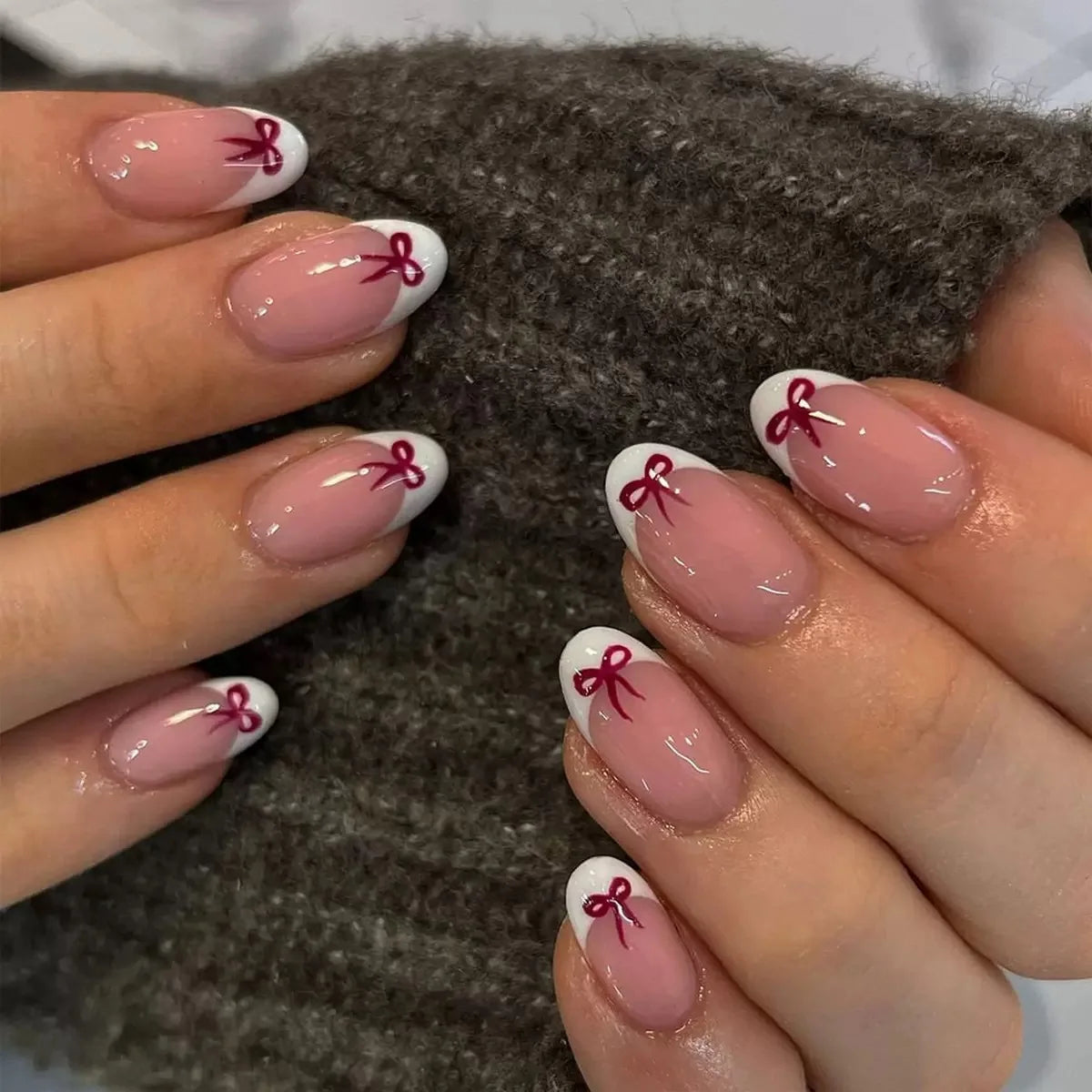 White French Press on Nails 3D Bowknot Fake Nails Tips Full Cover Wearable False Nails for Women and Girls DIY Manicure 24Pcs
