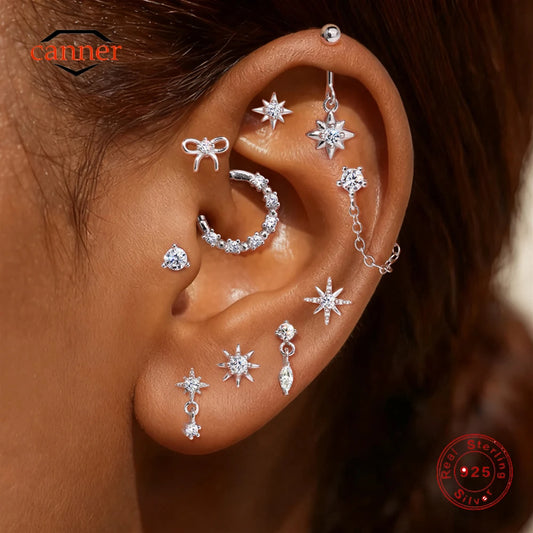 CANNER 1PC Moissanite Spherical Vertical Eight-pointed Star Piercing Earrings 925 Sterling Silver Jewelry Valentine's Day Gift