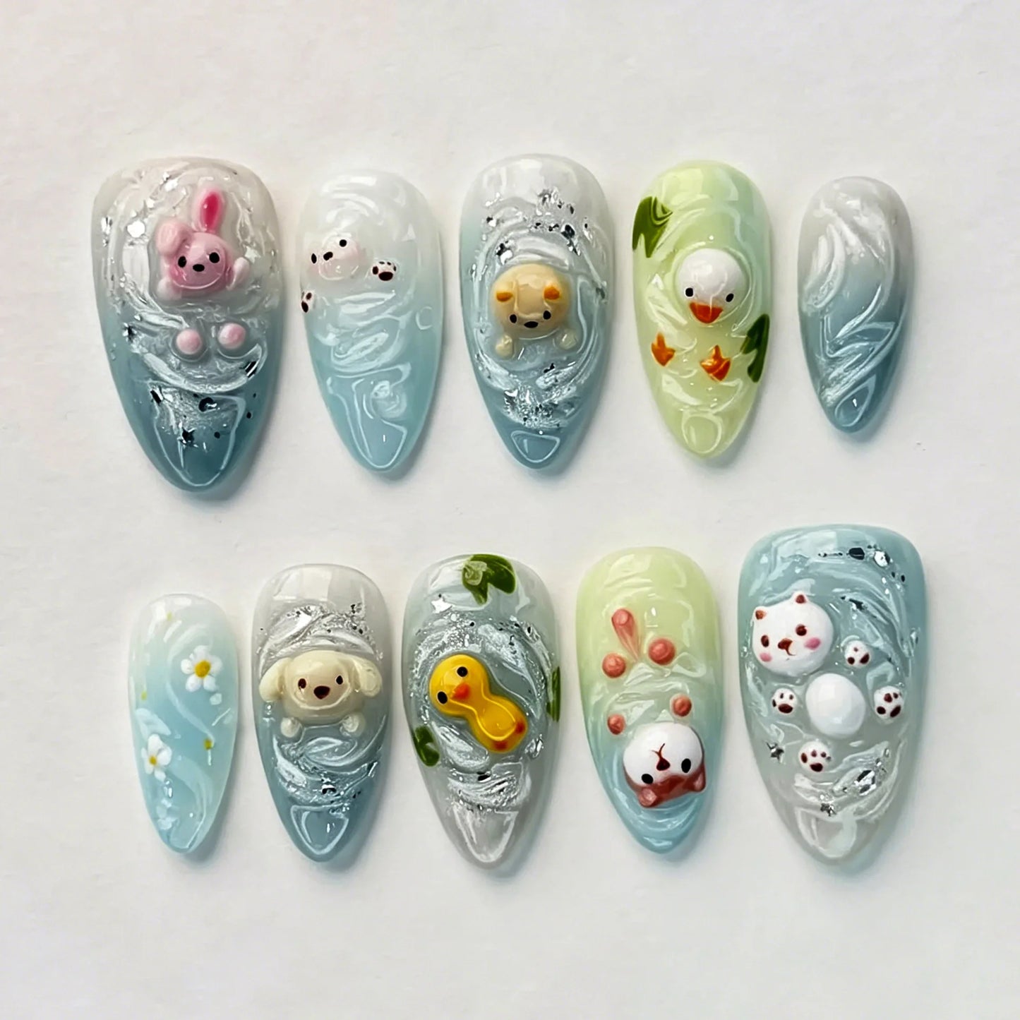24PCS Medium Almond Press On Nails Wine Red Cute Cartoon Rabbit Bowknot Plaid Pearl False Nails Kawaii Nails Full Cover Wearable