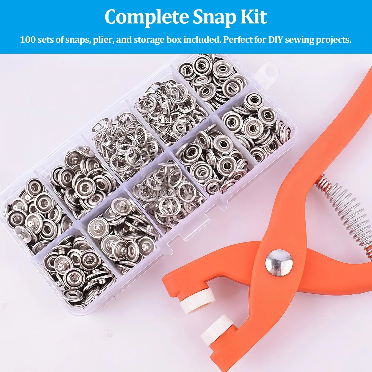 Snap Button Kit,Sets Metal Snap Buttons with Fastener Pliers Press Tool and Box, Rust Proof DIY Press Studs Button Fix Tool