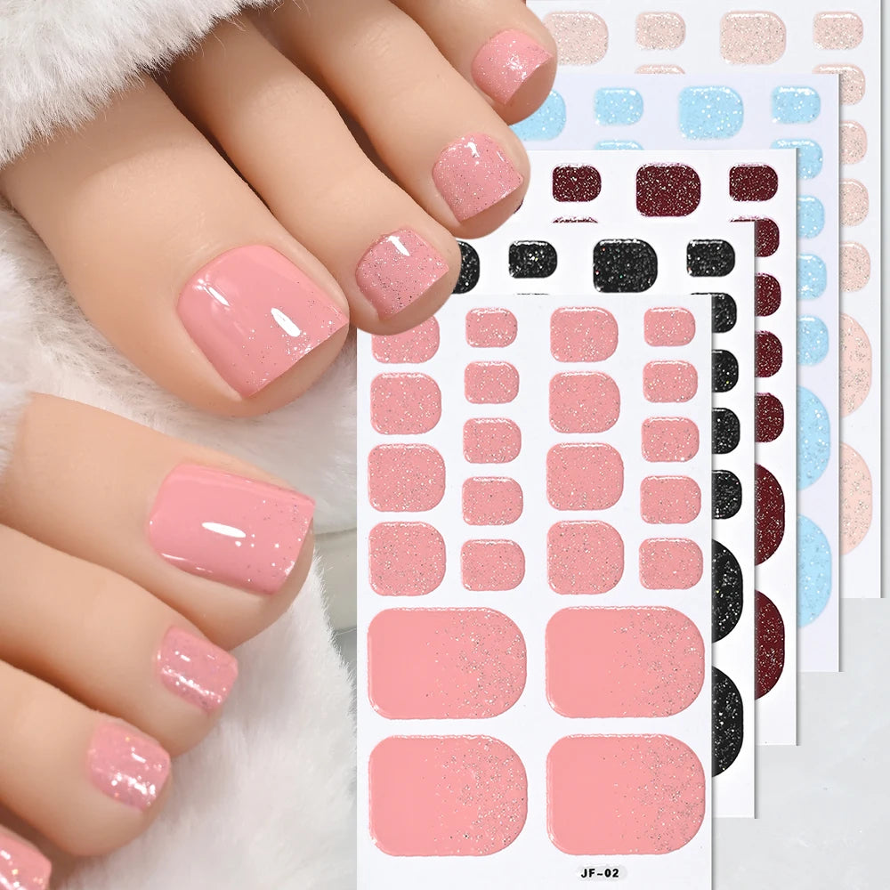 5Sheets/110Tips Summer Glitter Toe Nail Stickers Full Cover Nail Wraps Solid Color Adhesive Toenails Decals for Women DIY Foot &