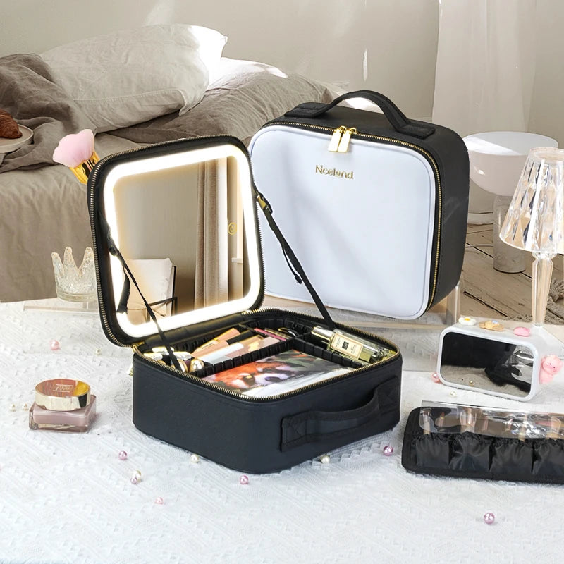 Travel Makeup Bag with LED Lighted Mirror 3 Color Scenarios Adjustable Brightness, with DIY Dividers, Toiletry Makeup Case Gift