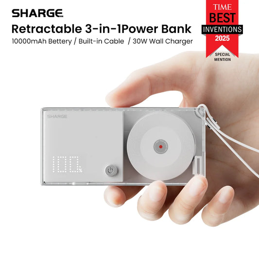 SHARGE 3-in-1 Portable Power Bank 30W USB-C Charger with USB-C Cable 10,000mAh AC Plug Max Battery Pack for iPhone 16/15 Galaxy